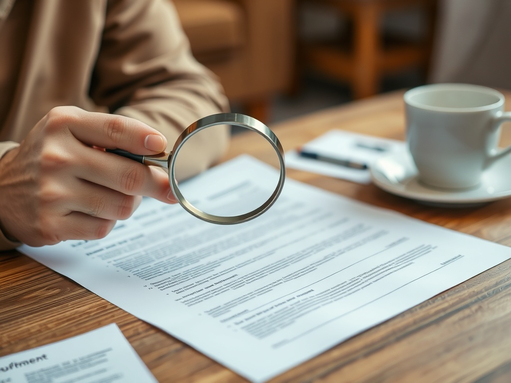 Человек рассматривает документы с помощью лупы, рядом находится чашка с кофе и ручка на столе.