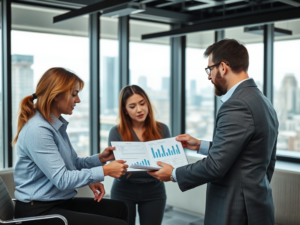 На встрече в офисе трое людей обсуждают графики и данные на планшете. Вдали виден городской ландшафт.