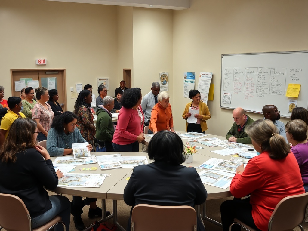 Группа людей обсуждает проекты за круглым столом в светлом помещении. На стене видны заметки и графики.