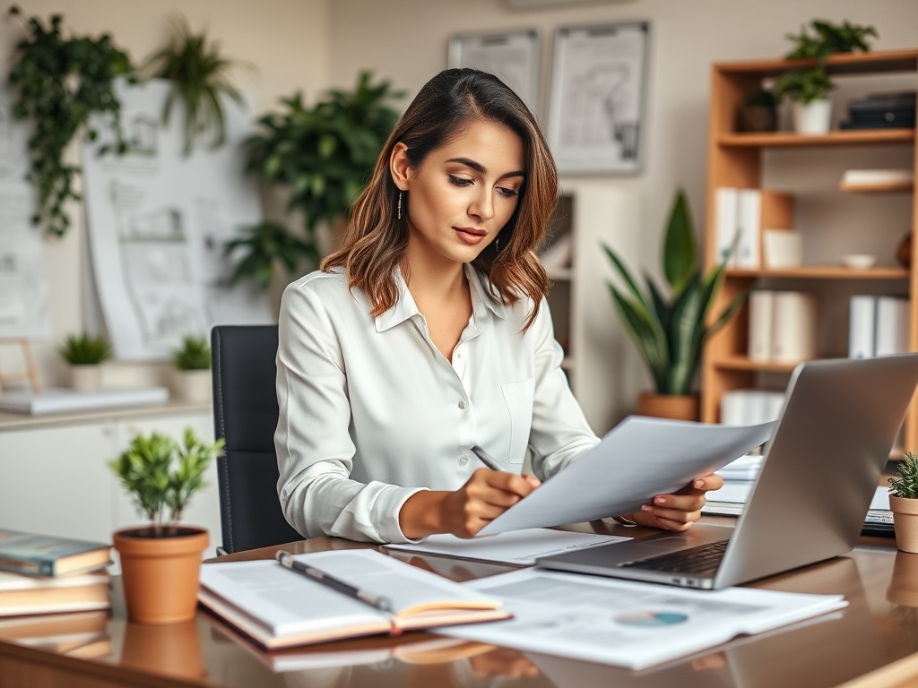 Женщина в офисе анализирует документы, сидя за столом с ноутбуком и растениями на фоне.
