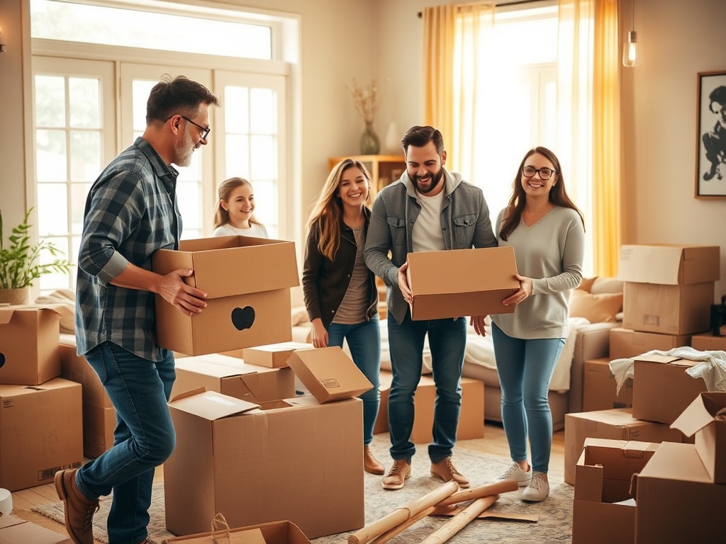 Группа людей, радостно переносящих коробки в светлом помещении, окруженном упаковочными материалами.