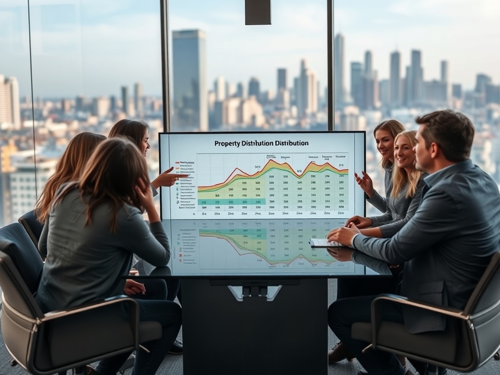 На встрече о распределении собственности группа людей обсуждает графики на экране и принимает решения.