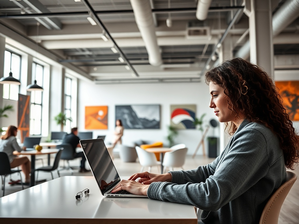 Молодая женщина работает за ноутбуком в современном офисе с яркими картинами на стенах.