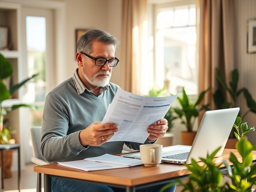 Мужчина читает документы за столом с ноутбуком и чашкой кофе в уютном офисе.