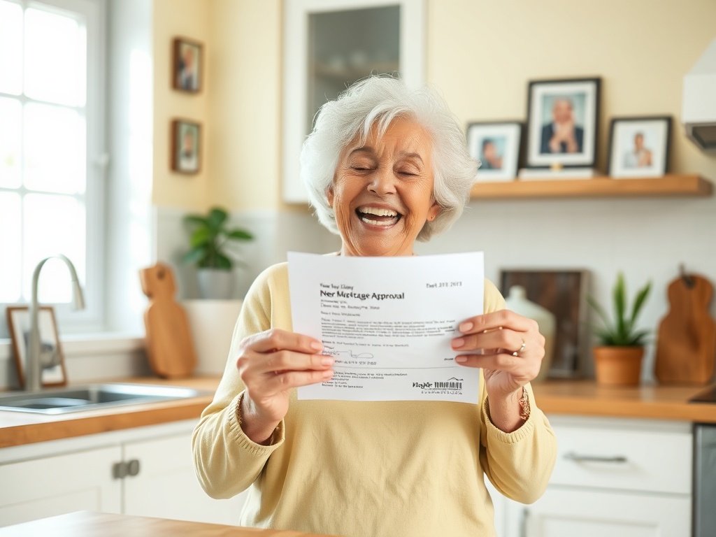 Счастливая пожилая женщина в кухне читает письмо об одобрении ипотеки.