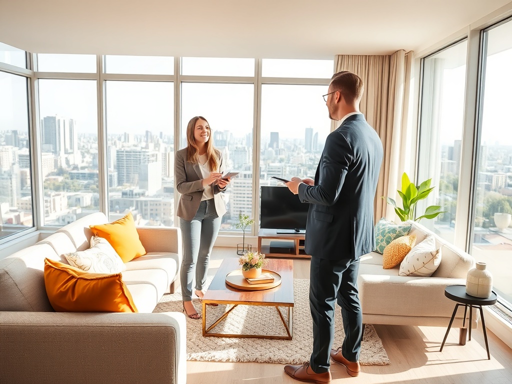 Два человека общаются в светлой квартире с панорамными окнами и современным интерьером.